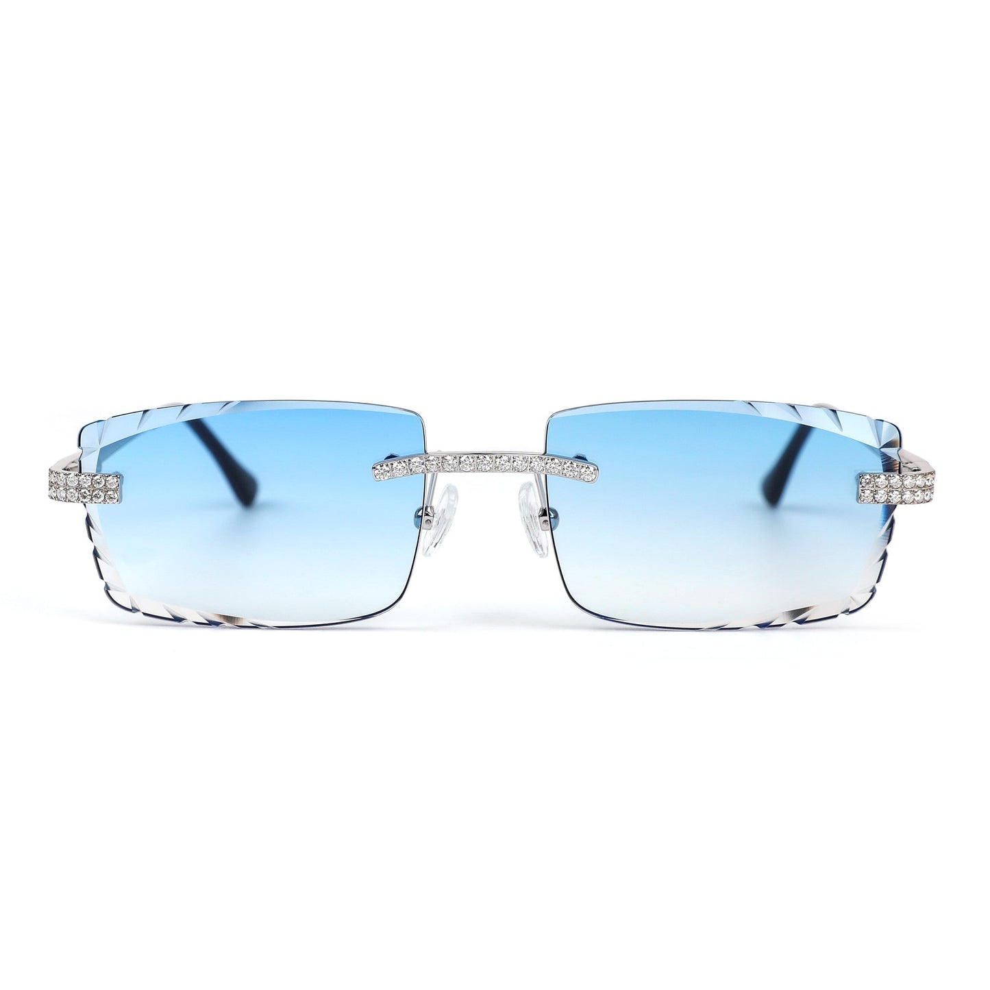 Sterling Silver Round Moissanite Square Shape Blue Lens Wooden Glasses RP 2-1/3 Cttw