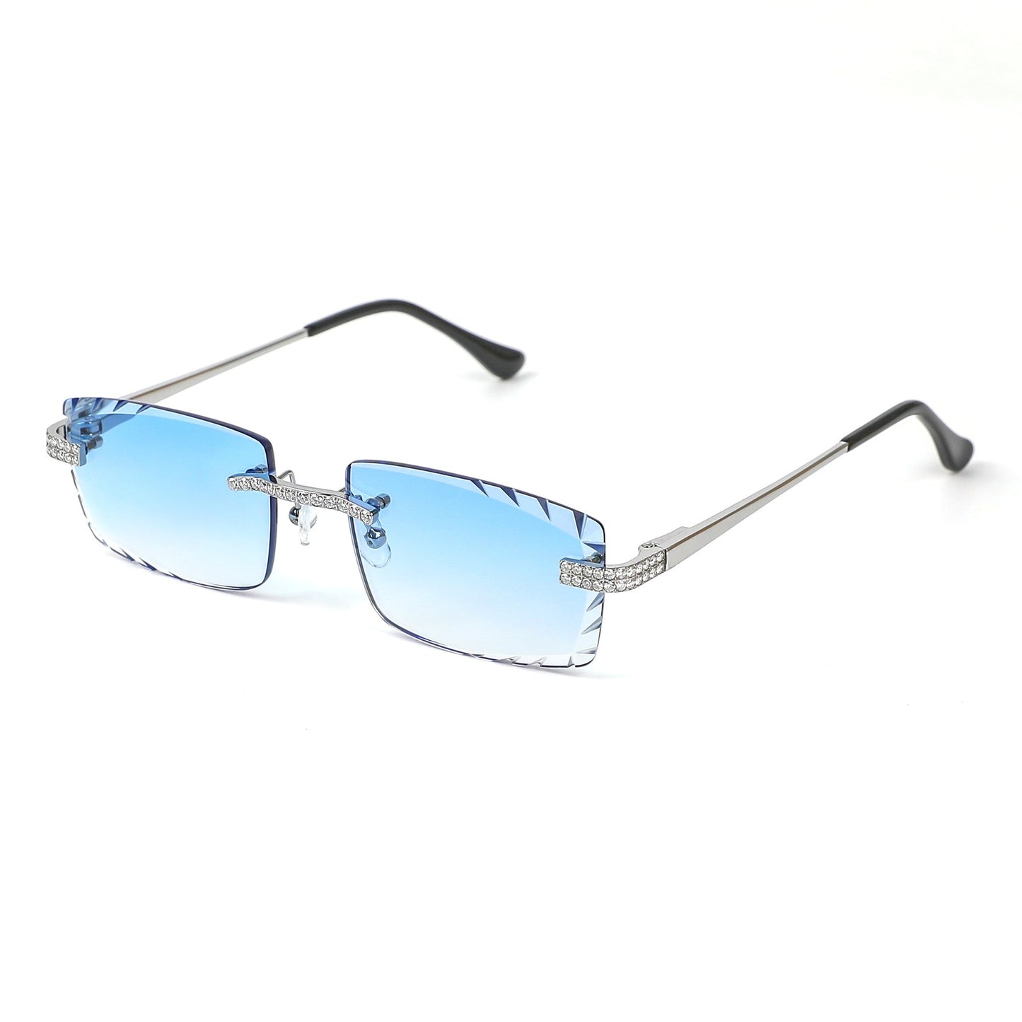 Sterling Silver Round Moissanite Square Shape Blue Lens Wooden Glasses RP 2-1/3 Cttw