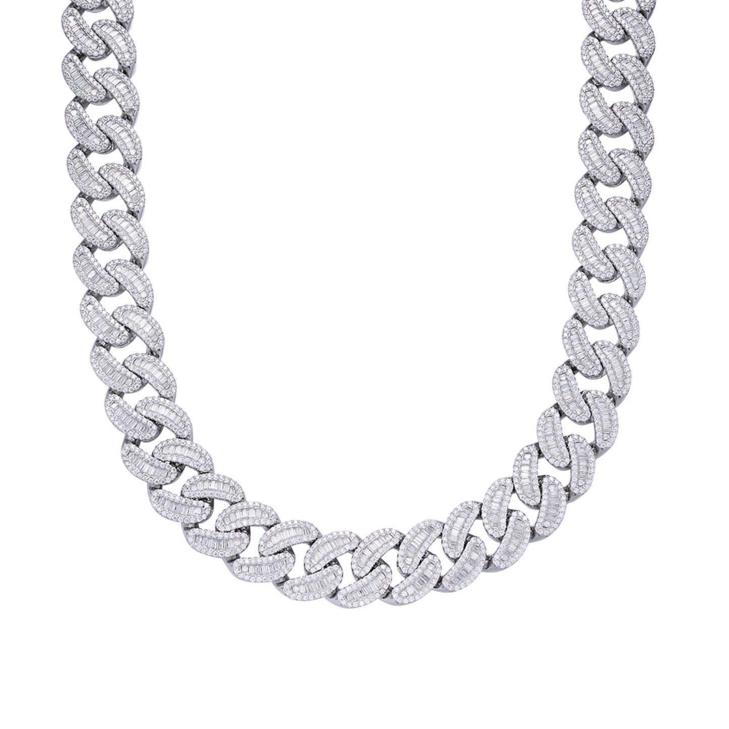 S.Silver Round 20mm Moissanite Round and Baguette in Centre Cuban 22 Inch Necklace RP 61-3/4 Cttw