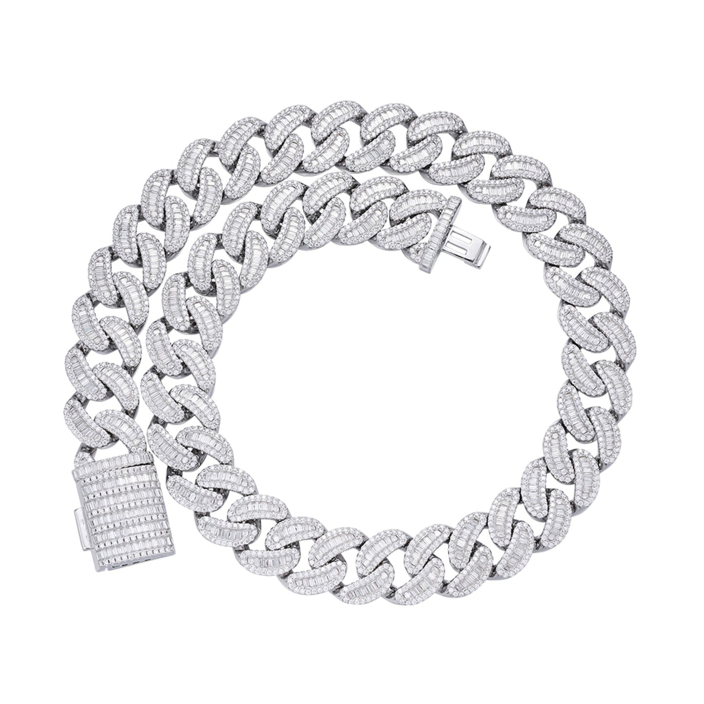S.Silver Round 20mm Moissanite Round and Baguette in Centre Cuban 22 Inch Necklace RP 61-3/4 Cttw