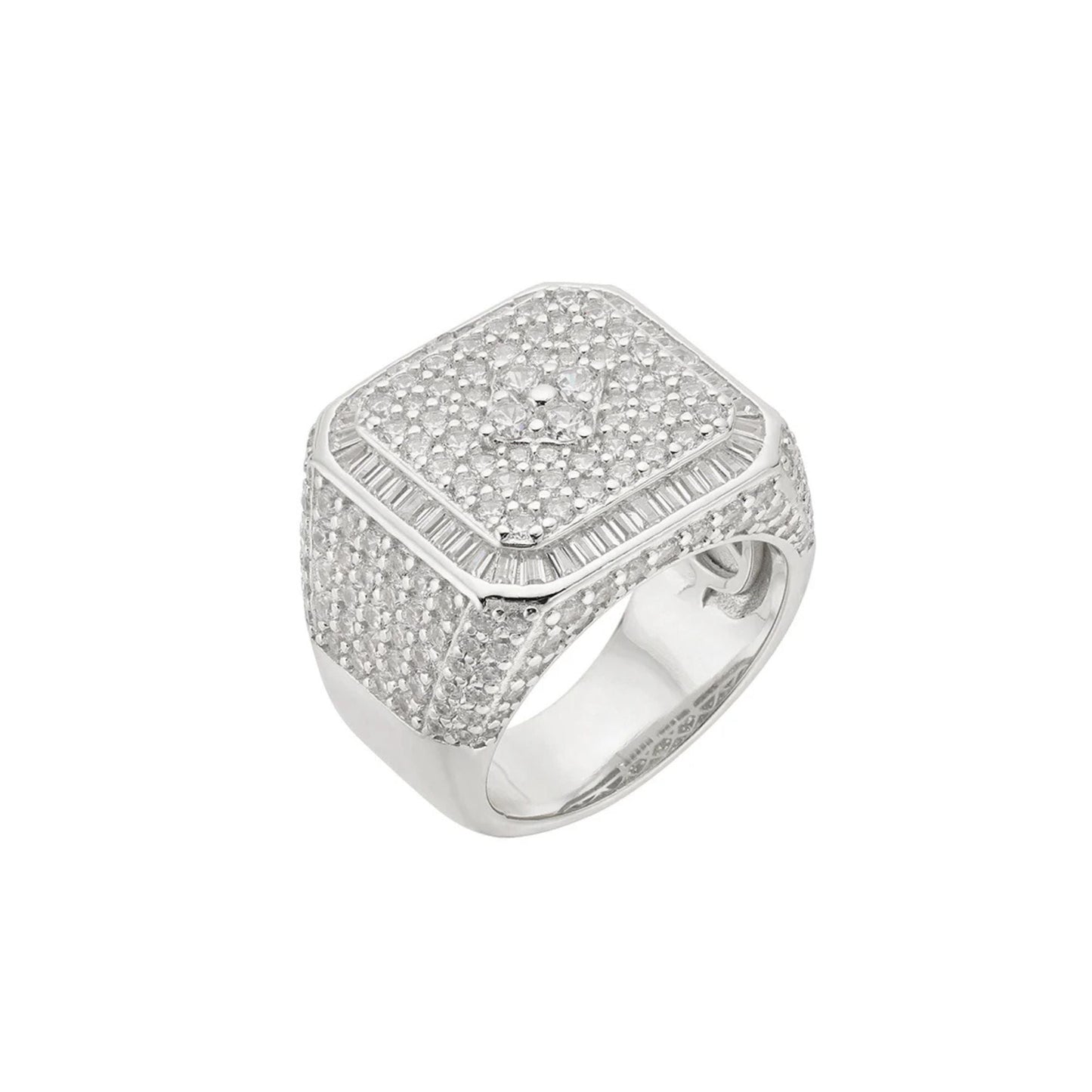 Sterling Silver Round Baguette Moissanite SZ 10 Designer Mens Ring RP 5-7/8 Cttw