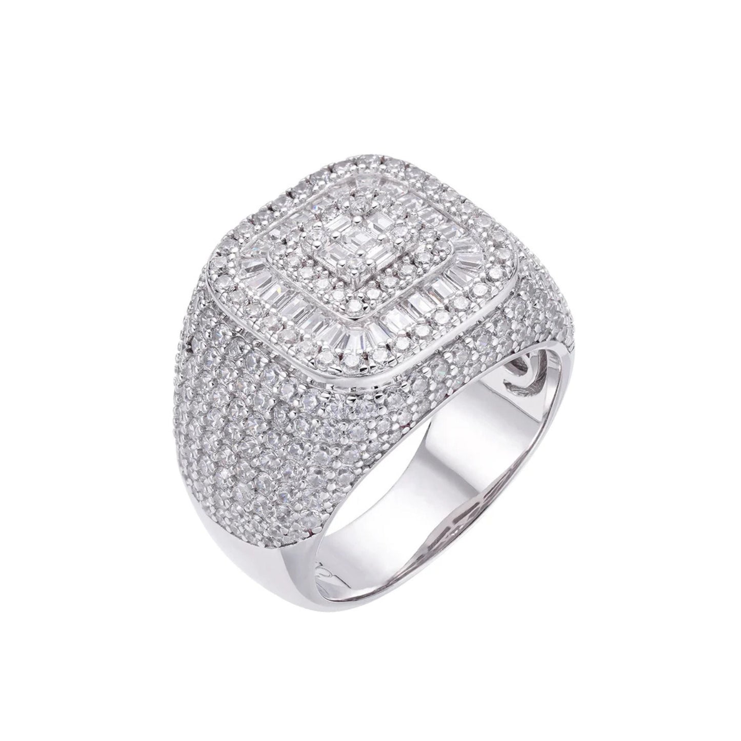 Sterling Silver Round Baguette Moissanite SZ 10 Designer Mens Ring RP 4-3/8 Cttw