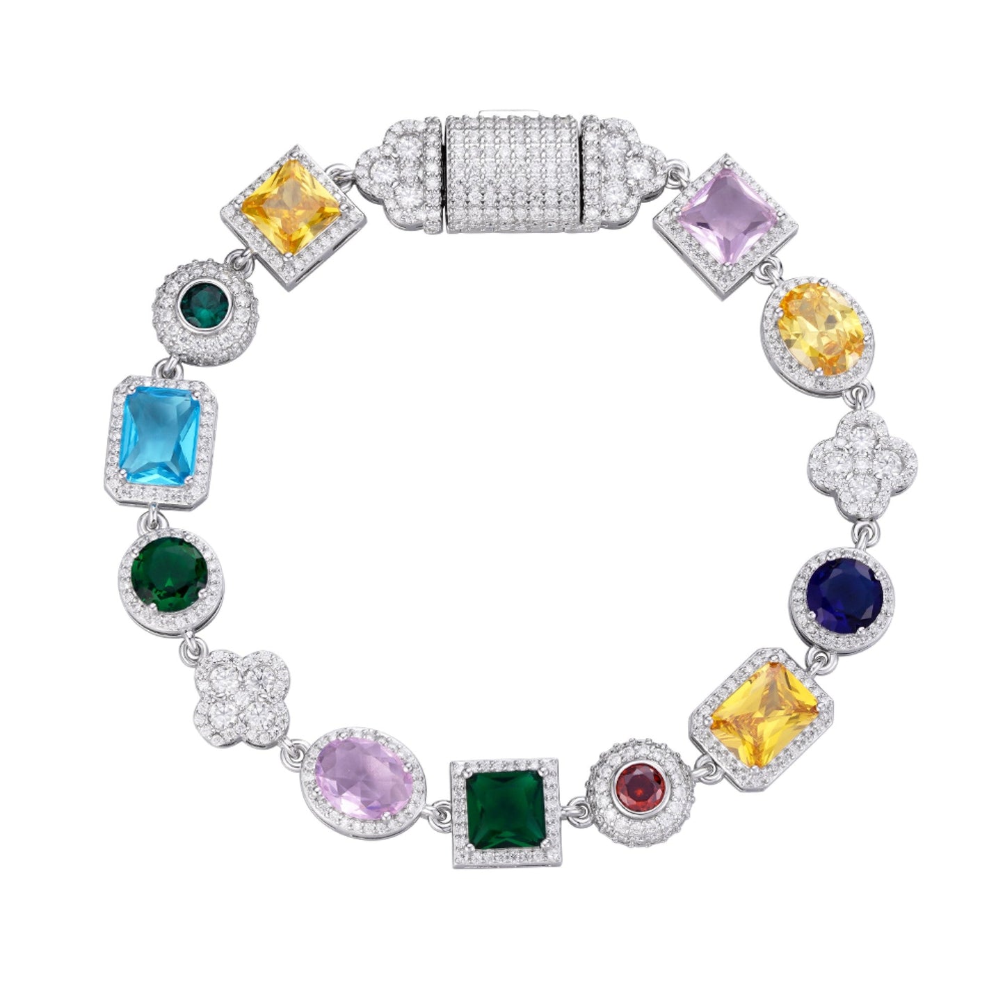 Sterling Silver Round Moissanite 4 Stone Flower with Color Stone Designer 8 Inch Bracelet RP 4-7/8 Cttw