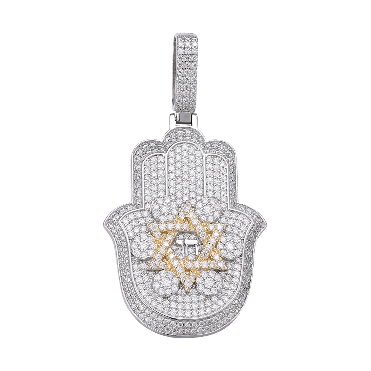 Sterling Silver Round Moissanite Hamza Hand Religious Pendant RP+GP 3-5/8 Cttw