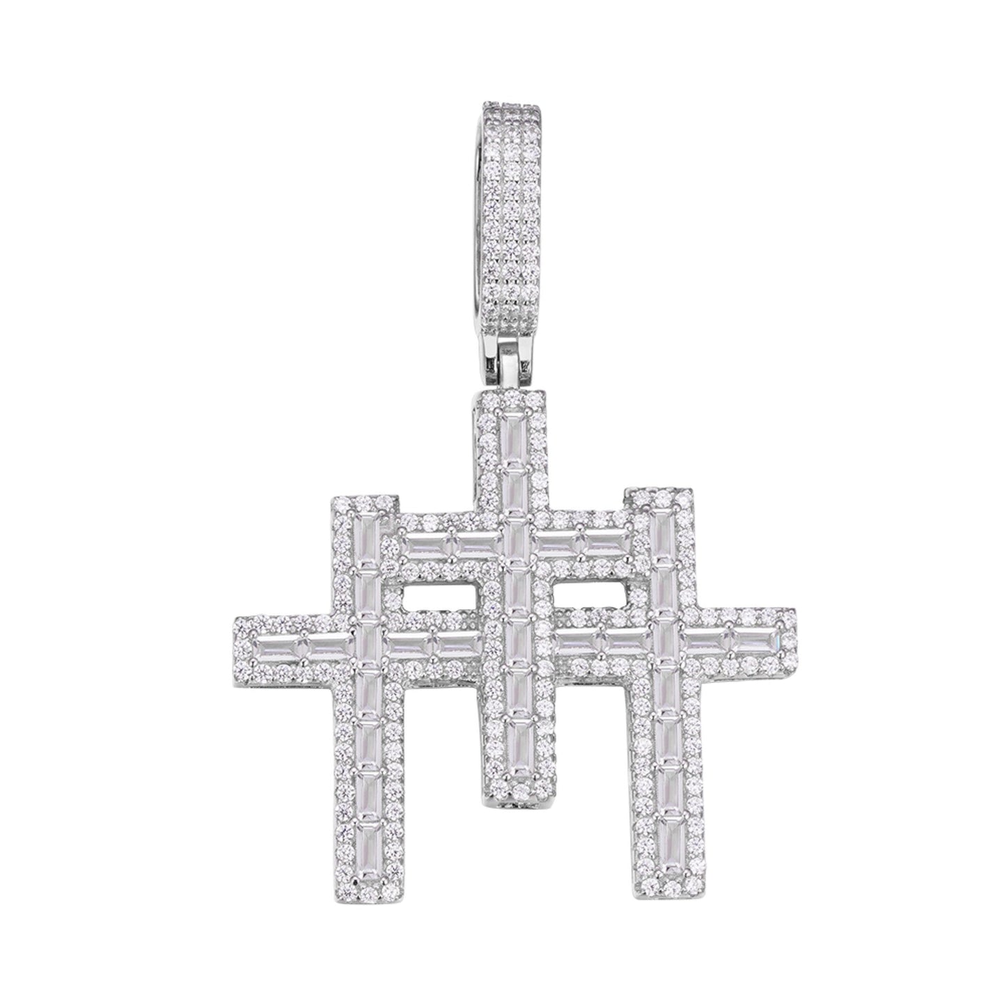 Sterling Silver 30mm Round Baguette Moissanite 3 Cross Religious Pendant RP 3-3/8 Cttw