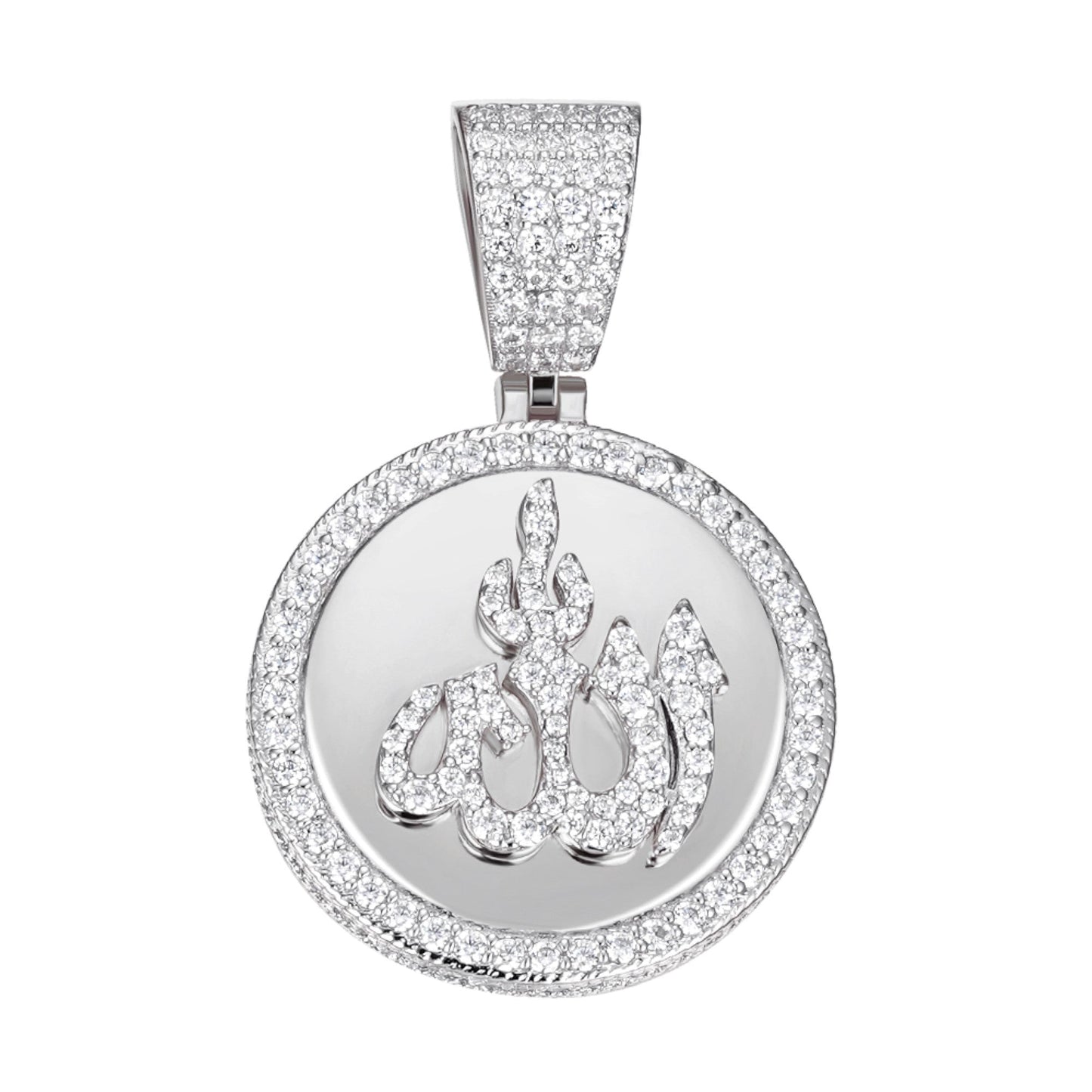 Sterling Silver 35mm Round Moissanite Muslim God Allah Religious Pendant RP 4-5/8 Cttw