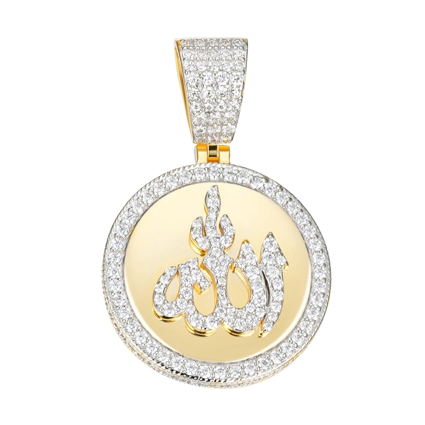 Sterling Silver 35mm Round Moissanite Muslim God Allah Religious Pendant RP+GP 4-5/8 Cttw