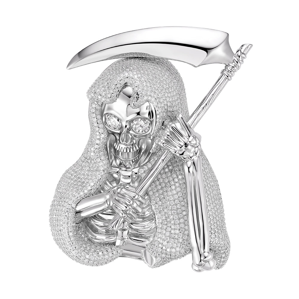 Sterling Silver Round Moissanite Grim Reaper Pendant RP 67 3/4 Cttw
