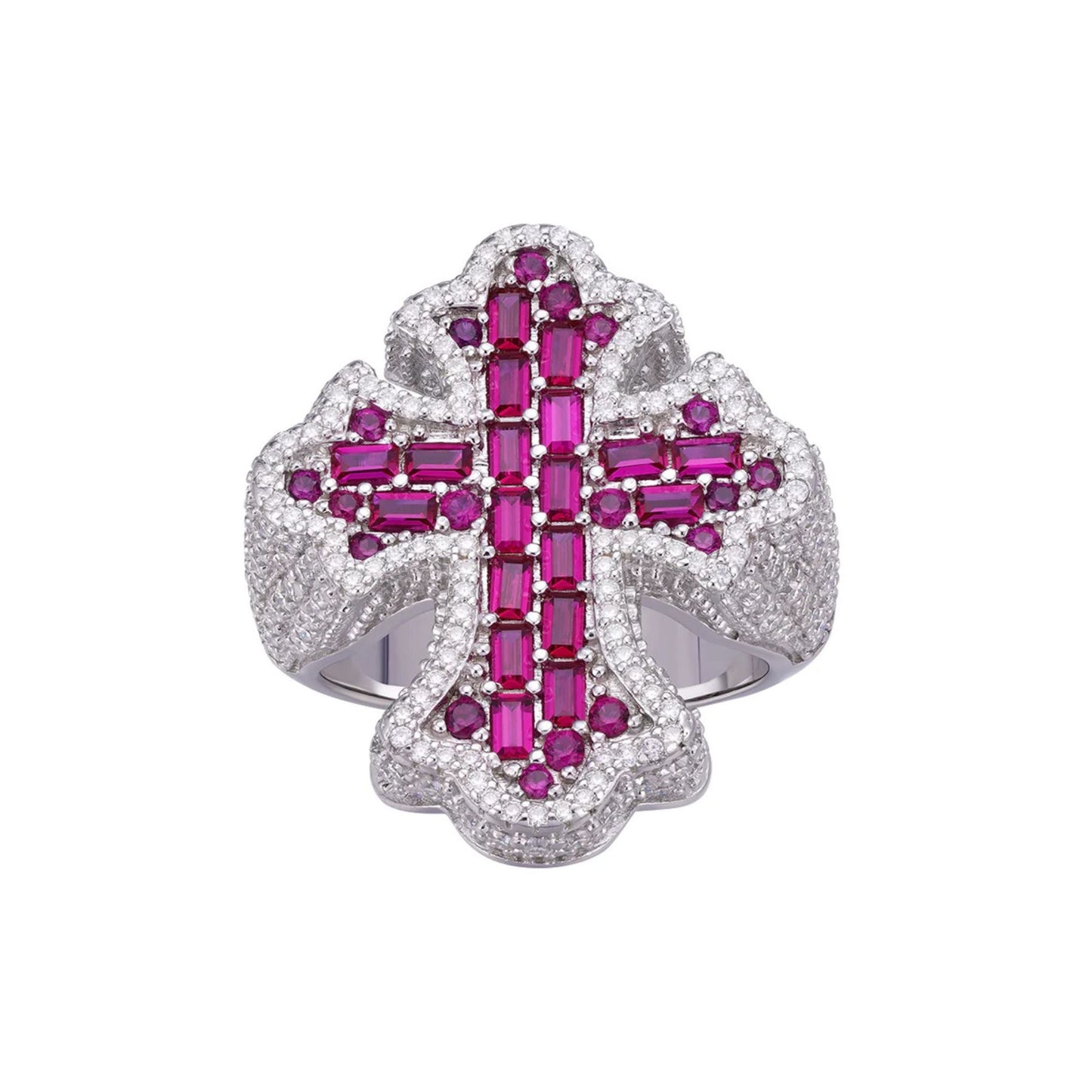 Sterling Silver Round Moissanite With Red CZ Mens Cross Religious SZ 10 Ring RP 2-5/8 Cttw