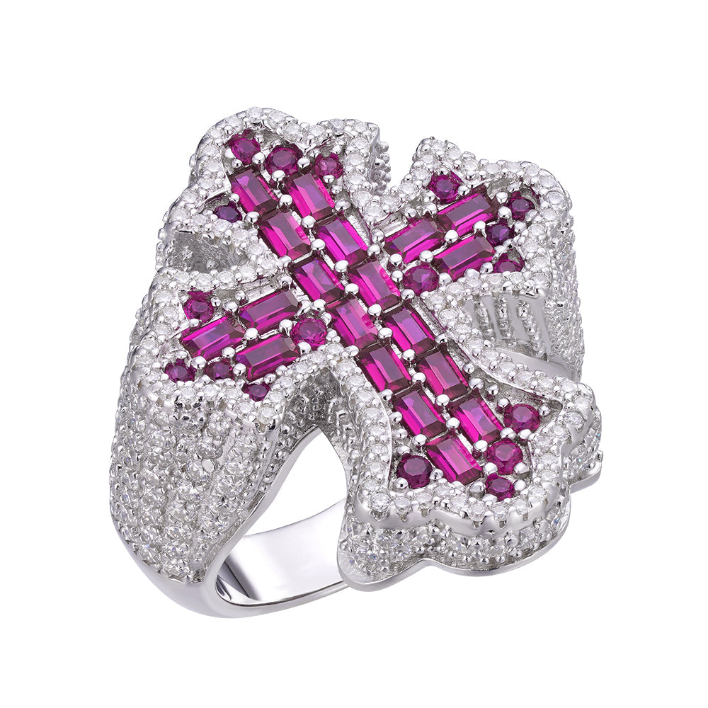 Sterling Silver Round Moissanite With Red CZ Mens Cross Religious SZ 10 Ring RP 2-5/8 Cttw