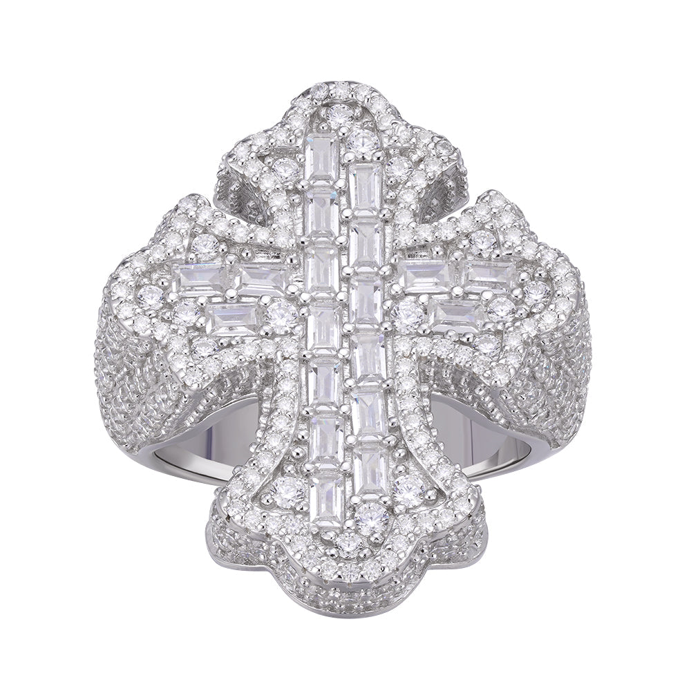 Sterling Silver Round Moissanite With White CZ Mens Cross Religious SZ 10 Ring RP 2-5/8 Cttw