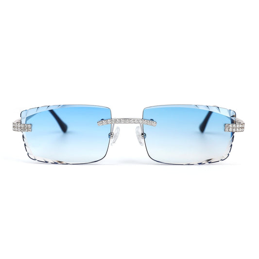 Sterling Silver Round Moissanite Square Shape Blue Lens Wooden Glasses RP 2-1/3 Cttw