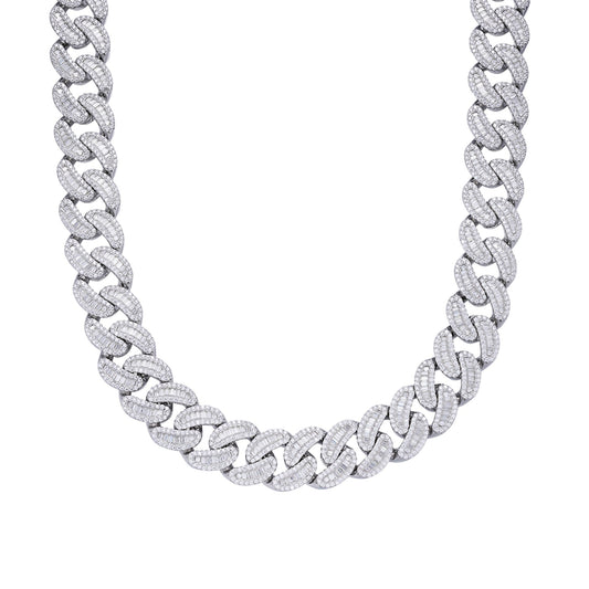 S.Silver Round 20mm Moissanite Round and Baguette in Centre Cuban 22 Inch Necklace RP 61-3/4 Cttw