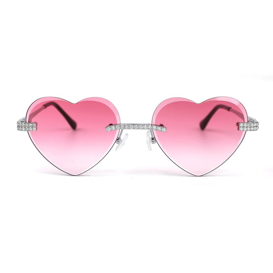 Sterling Silver Round Moissanite Heart Shape Pink Lens Wooden Glasses RP
