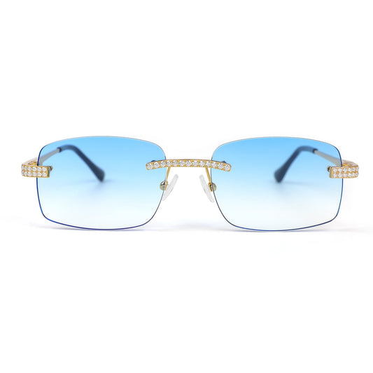 Sterling Silver Round Moissanite Square with Bevel Shape Blue Lens Wooden Glasses GP