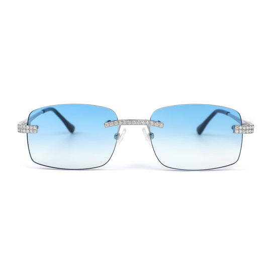 Sterling Silver Round Moissanite Square with Bevel Shape Blue Lens Wooden Glasses RP