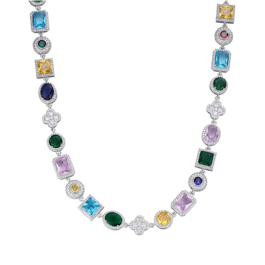 Sterling Silver Round Moissanite 4 Stone Flower with Color Stone Designer 22 Inch Necklace RP 12-5/8 Cttw