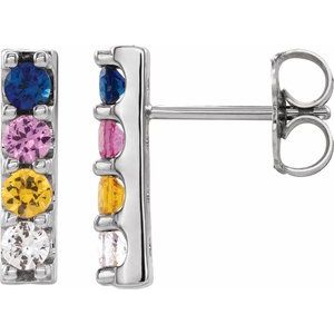 14K White Natural Multi-Gemstone Bar Earrings