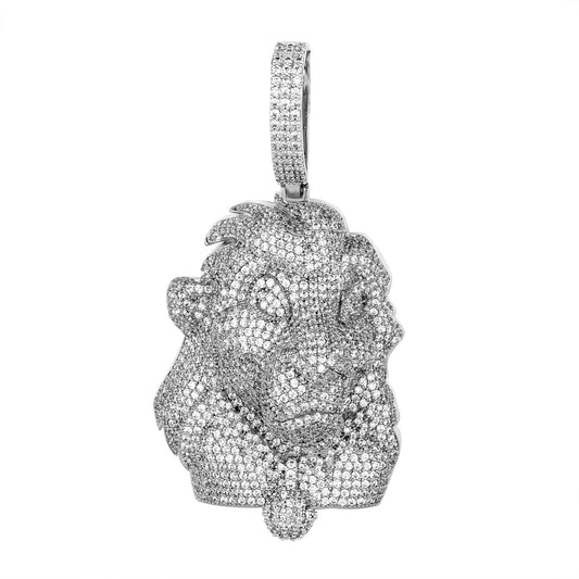 Sterling Silver Round CZ Lion Face Animal Pendant RP